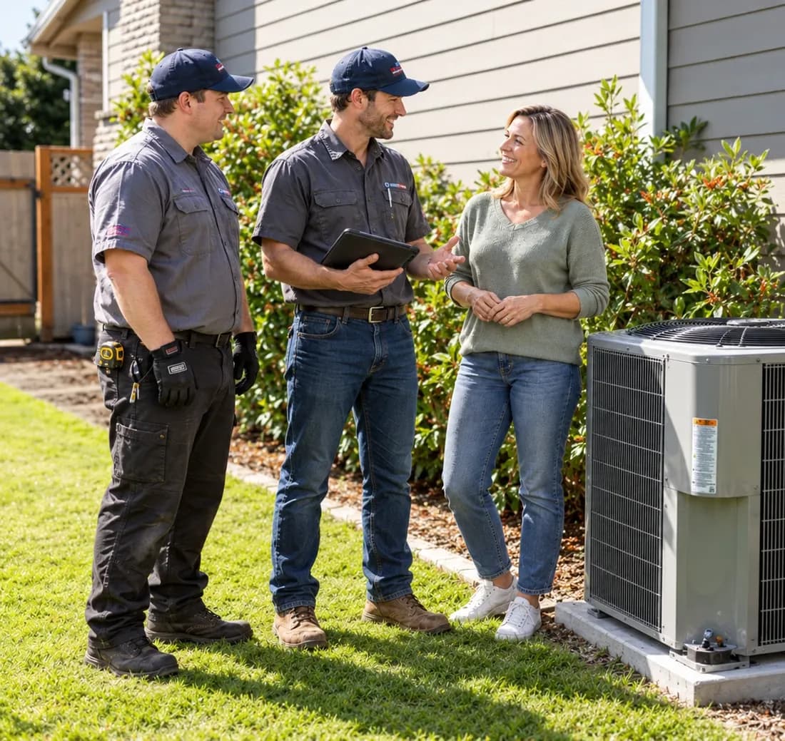 Two HVAC technicians talking with a homeowner beside a new outdoor unit