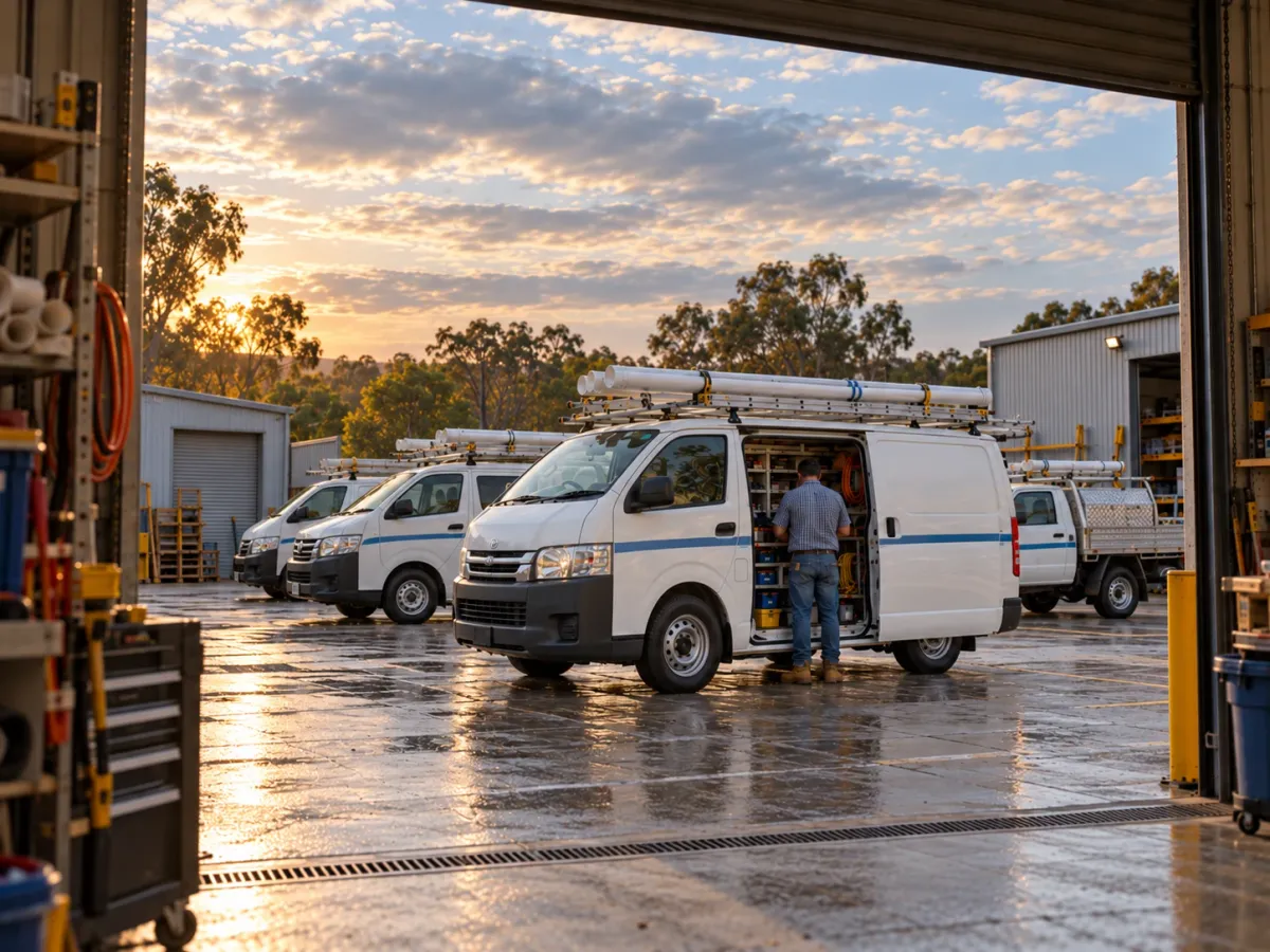 A plumber loading a fitted-out van in the yard at sunrise