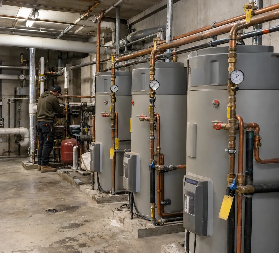 A plumber working in an apartment block plant room lined with hot water units